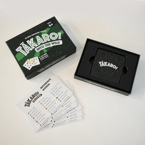 Tākaro! Into the Wild memory game packaging with cards on a light background