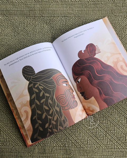 Open book with illustrations of Tāne Mahuta and Hineahuone on a textured green surface, illustrated by Isobel Joy Te Aho-White