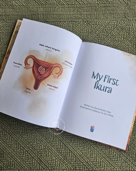 Open book showing a diagram of a female reproductive system and text 'My First Ikura' on a textured green background, illustrated by Isobel Joy Te Aho-White