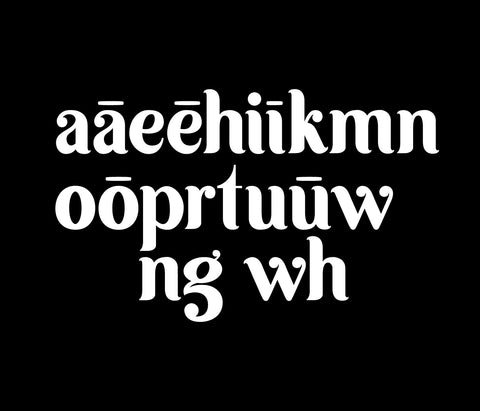 A Māori inspired font, featuring the full Māori alphabet in lowercase letters on black background, including macrons