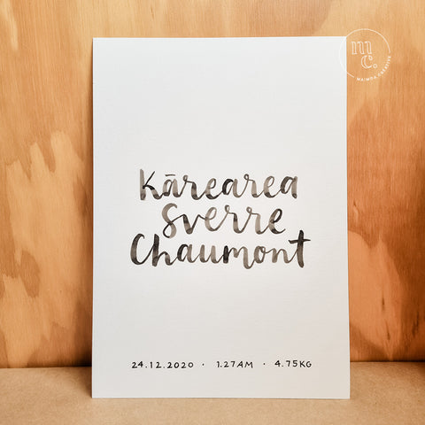 Custom hand-lettered birth print / name print / baby print / baby shower gift / bespoke handlettered print