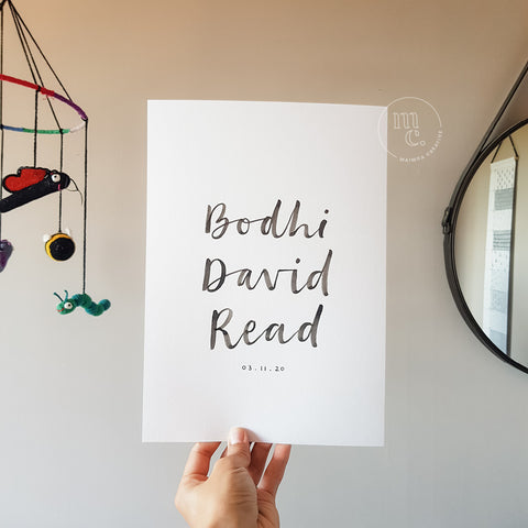 Custom hand-lettered birth print / name print / baby print / baby shower gift / bespoke handlettered print
