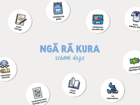 Te reo Māori school day routine card guide with English translations and sentence examples