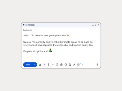 Email client interface with a holiday out-of-office auto message drafted with te reo Māori
