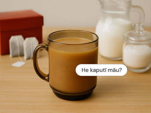 Marae Arcoroc Coffee Fumer Glass Mug with tea on a wooden table with milk and sugar containers, and the text 'he kaputī māu?' in a message bubble.