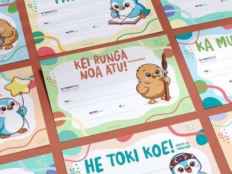 Bilingual Māori certificates for primary school and ECE large pack classroom award certificates with cute cartoon kiwi and kororā penguin illustrations