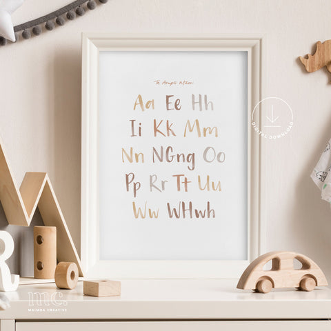 Earthy brown Māori alphabet poster in alphabetical order framed on a nursery dresser, featuring the letters A to WH and digraphs