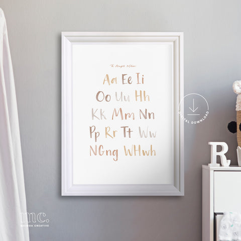 Earthy brown Māori alphabet poster in alphabetical order framed on a grey nursery wall, featuring the letters vowels and digraphs