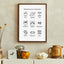 Framed 'Baking Terms in Te Reo Māori' poster hanging on a rustic kitchen wall, surrounded by a teapot, jars of preserved foods, and a kitchen scale, showcasing a cozy, culinary environment.