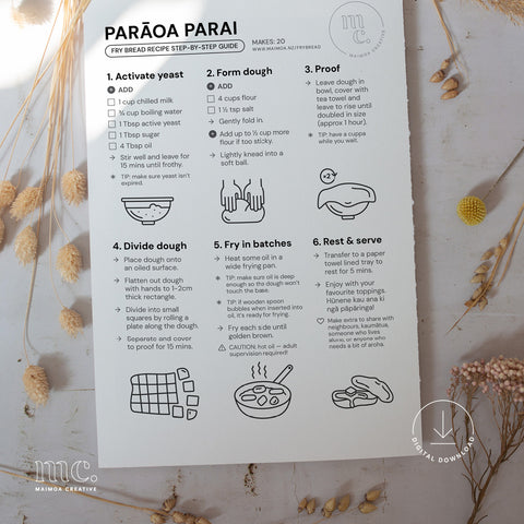 Flat lay of Parāoa Parai fry bread step-by-step recipe guide print, styled on a rustic white surface with dried flowers and soft natural lighting.