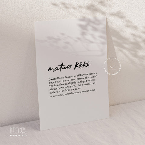 White 'uncle / matua kēkē' definition print with black text on a light background