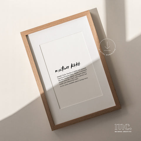 Framed 'uncle / matua kēkē' definition print with text on a light background