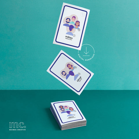 Flashcards showing Māori personal pronouns like mātou and kōrua for language learning – digital download from Maimoa Creative.