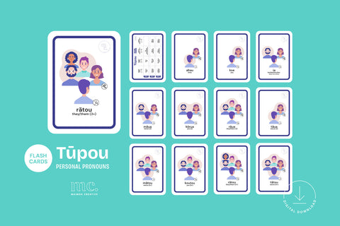 Tūpou Māori personal pronoun flashcards – digital download set with visual illustrations for te reo learners, created by Maimoa Creative.