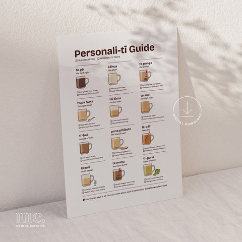 Personali-ti Guide with illustrations of marae mugs on a white surface