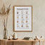 Framed 'Personaliti Guide' poster on a wall with decor items below featuring tea types in marae mug illustrations