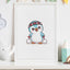 Framed artwork of a cartoon kororā penguin wearing a tīpare and holding poi on a shelf.