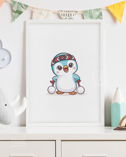 Framed artwork of a cartoon kororā penguin wearing a tīpare and holding poi on a shelf.