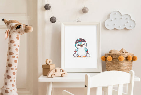 Children's room with a stuffed giraffe, wooden toys, and a framed picture of a cute penguin holding poi.