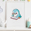 Framed artwork of a cartoon penguin writing a notebook with a pencil.