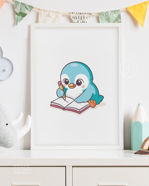 Framed artwork of a cartoon penguin writing a notebook with a pencil.