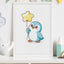 Framed artwork of a penguin holding a yellow star balloon on a shelf.