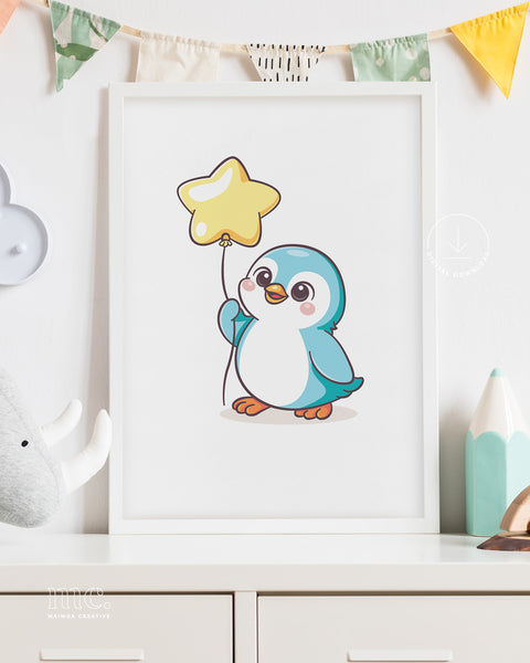 Framed artwork of a penguin holding a yellow star balloon on a shelf.
