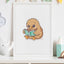 Illustration of a cute cartoon kiwi bird reading a book in a white frame on a shelf.