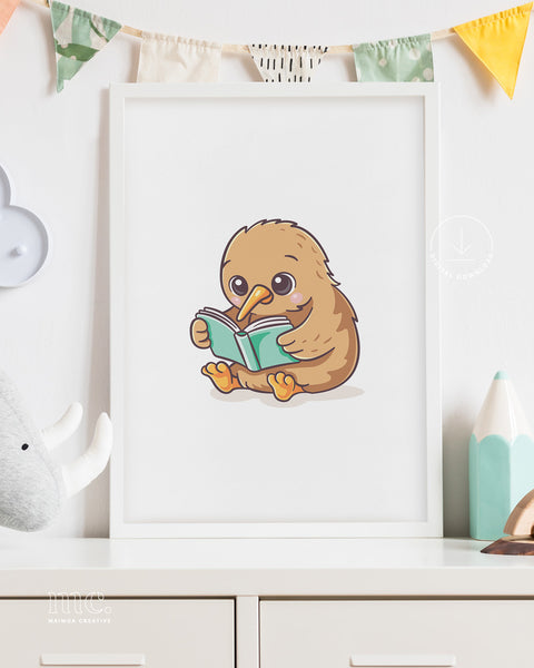 Illustration of a cute cartoon kiwi bird reading a book in a white frame on a shelf.