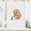 Framed illustration of a cartoon cartoon kiwi bird watering a fern on a white surface with decorative elements.