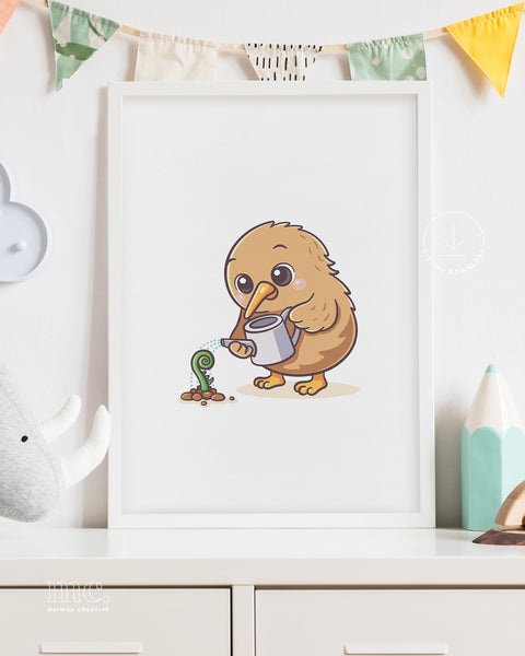 Framed illustration of a cartoon cartoon kiwi bird watering a fern on a white surface with decorative elements.