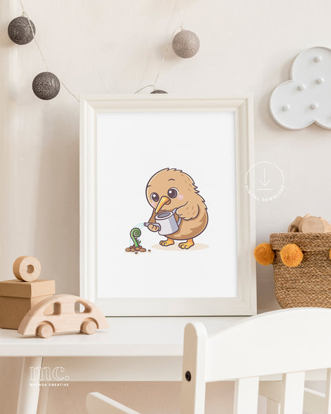 Framed illustration of a cartoon kiwi bird watering a fern on a shelf with decorative items.