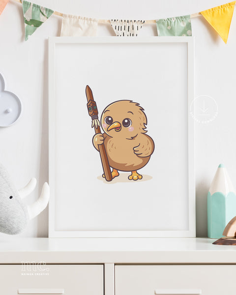 Framed artwork of a cartoon kiwi bird holding a taiaha on a shelf with decorative items.