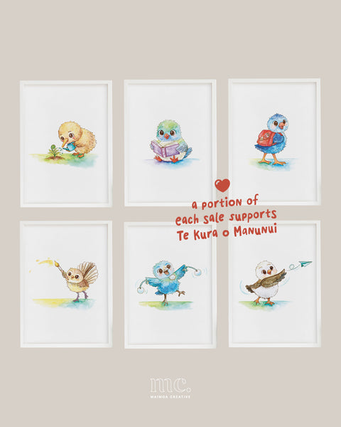 Set of six framed watercolour illustrations of cute native New Zealand manu as part of fundraiser for Te Kura o Manunui