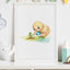 A framed print of a cute watercolour illustration of a fluffy kiwi chick gently watering a young fern frond