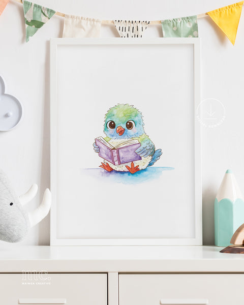 Framed watercolour illustration of a happy kererū bird reading a book