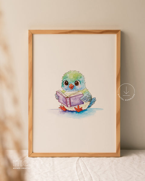 Framed watercolour illustration of a happy kererū bird reading a book
