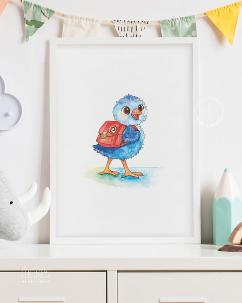 Framed watercolour illustration of a happy pūkeko bird wearing a red school bag with a tino rangatiratanga pin