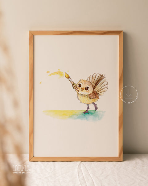 Framed watercolour illustration of a piwakawaka bird with a paintbrush flinging yellow paint
