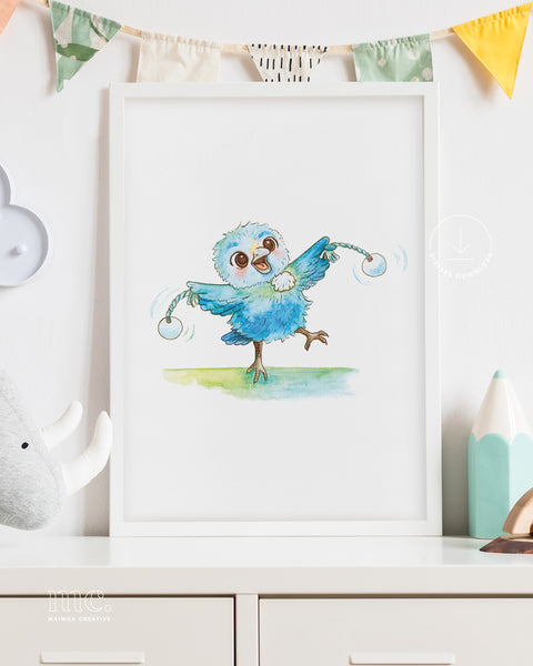 Framed watercolour illustration of a fluffy tūī chick happily swinging poi
