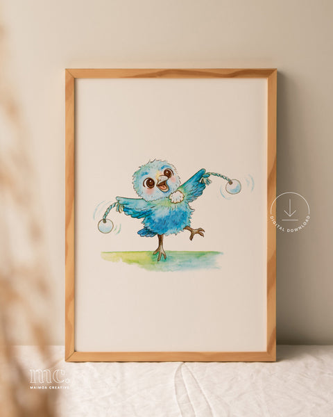 Framed watercolour illustration of a fluffy tūī chick happily swinging poi