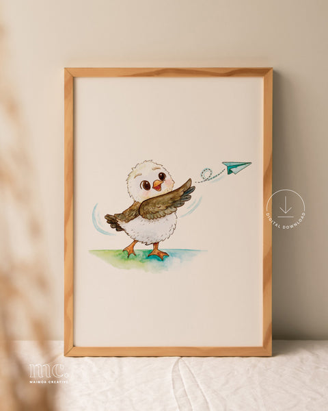 Framed watercolour illustration of a fluffy karoro throwing a paper plane