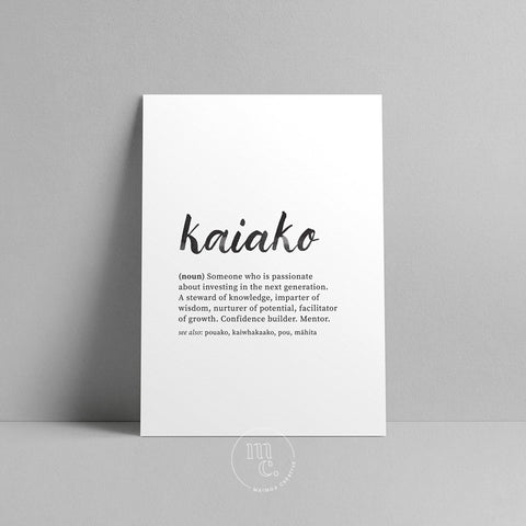 A4 Māori definition art print of "Kaiako" displayed in soft natural light on plain background