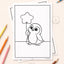 Colouring page of a kororā penguin holding a star balloon with coloured pencils around it.