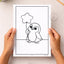 Colouring page of a kororā penguin holding a star balloon held by hands.