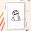 Colouring page of a korora penguin wearing a tīpare Māori headband and holding poi.