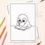 Aotearoa colouring page download of a korora penguin writing in a notebook.
