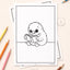 Colouring page of a New Zealand kiwi bird reading a book with coloured pencils on a light surface.