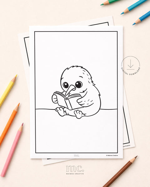 Colouring page of a New Zealand kiwi bird reading a book with coloured pencils on a light surface.