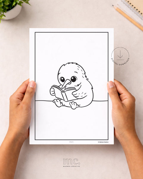 Coloring book page with a cartoon New Zealand kiwi bird reading a book.